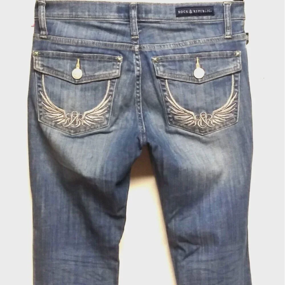 Rock & Republic Kendall Capri Jeans Sz 6 Blue Stretch Denim 32X27 embroidered EC